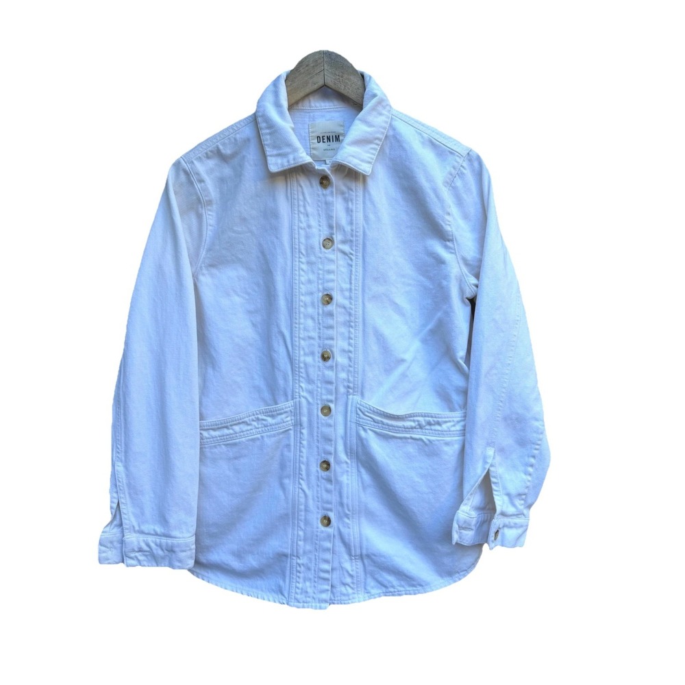 Sezane Denim Jacket Women's Small White Chore Shacket Parisian Chic Button Up